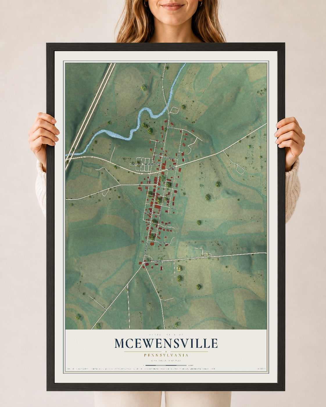 Map of McEwensville, Pennsylvania, 24 x 36 inch print in a black wood frame
