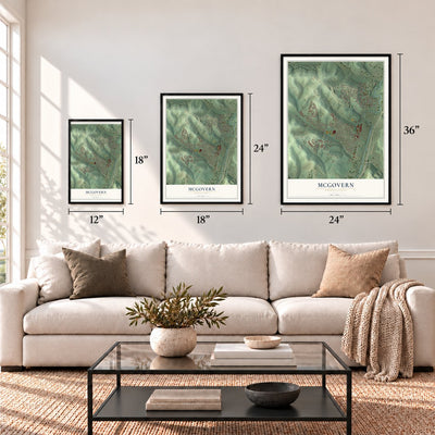 McGovern, Pennsylvania map in 12 x 18, 18 x 24 and 24 x 36 inch sizes above a sofa