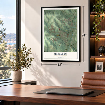 McGovern, Pennsylvania map, 18 x 24 inch print in a black frame in a home office