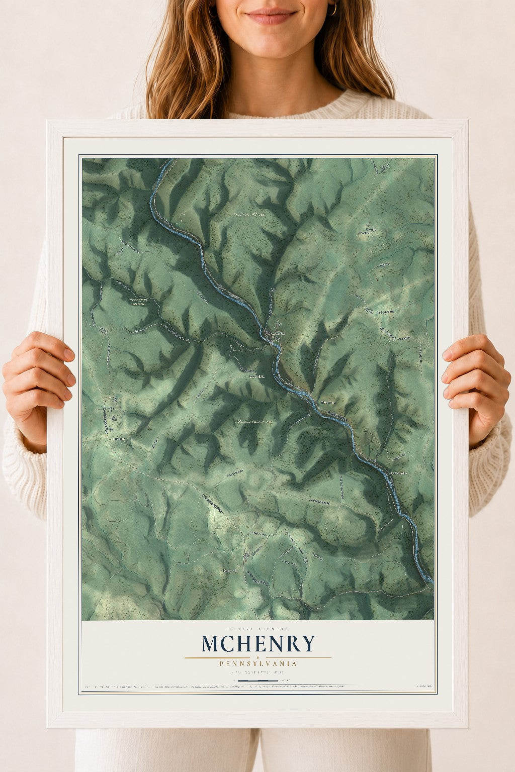 Map of McHenry, Pennsylvania, 18 x 24 inch print in a white wood frame