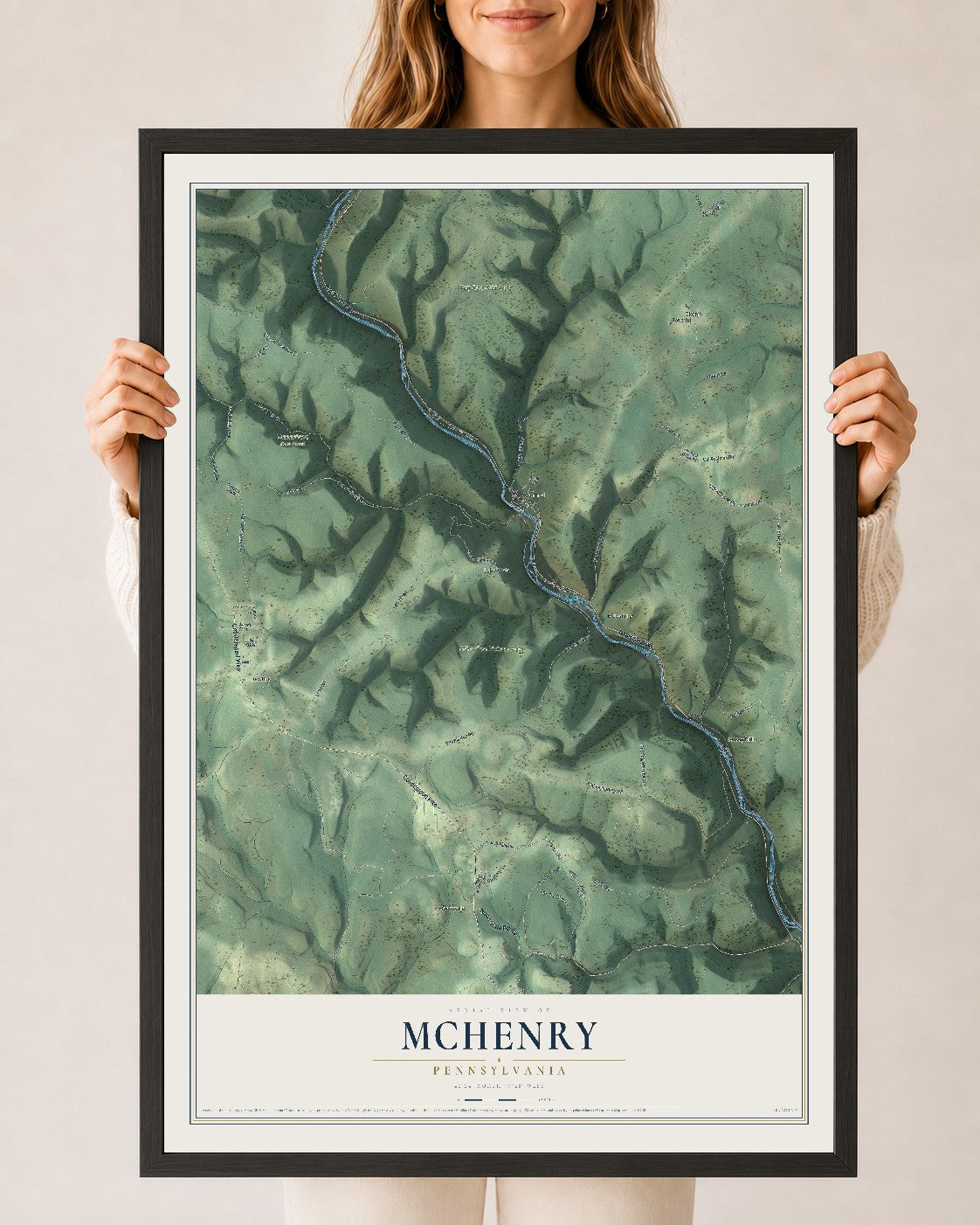 Map of McHenry, Pennsylvania, 24 x 36 inch print in a black wood frame