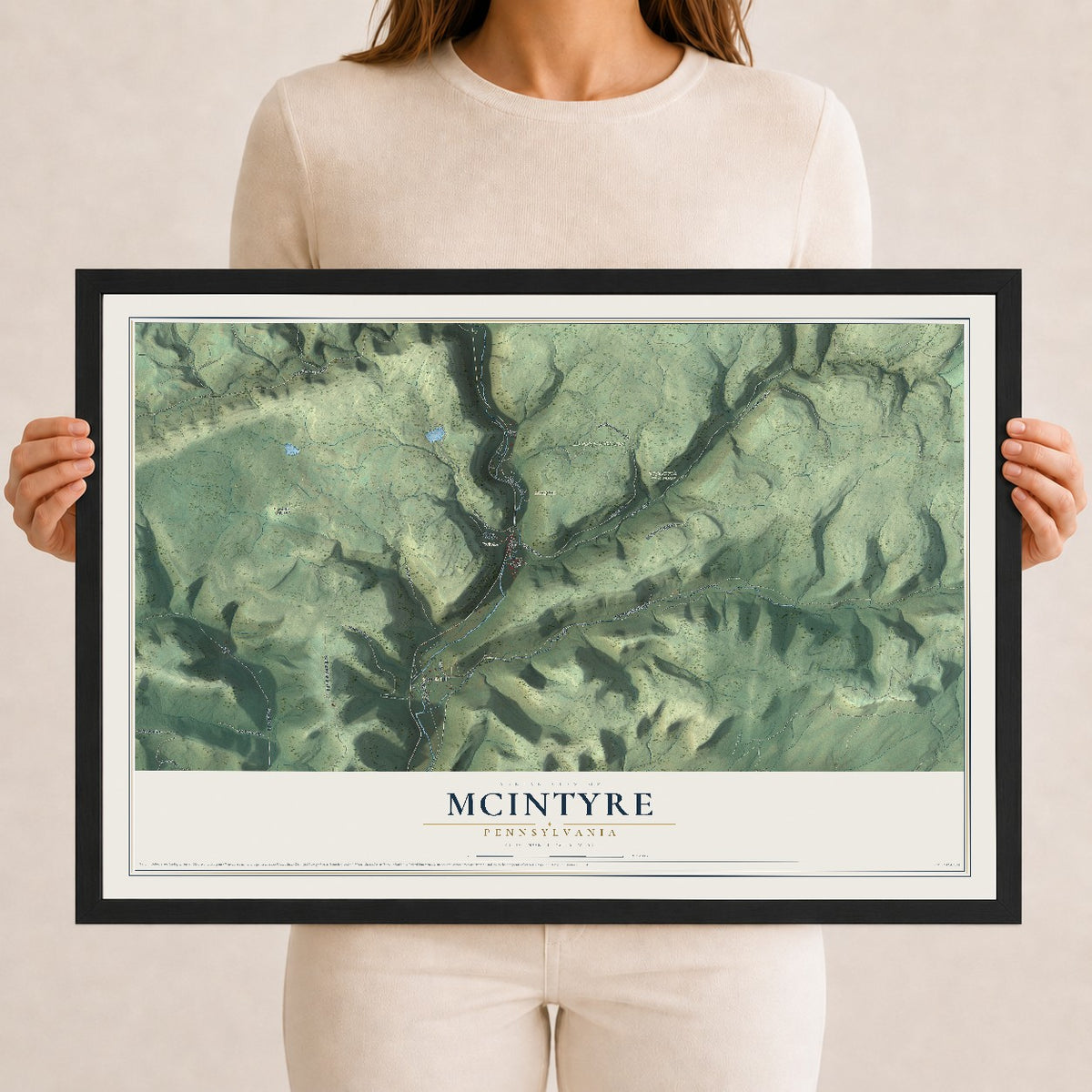 Map of McIntyre, Pennsylvania, 12 x 18 inch print in a black wood frame