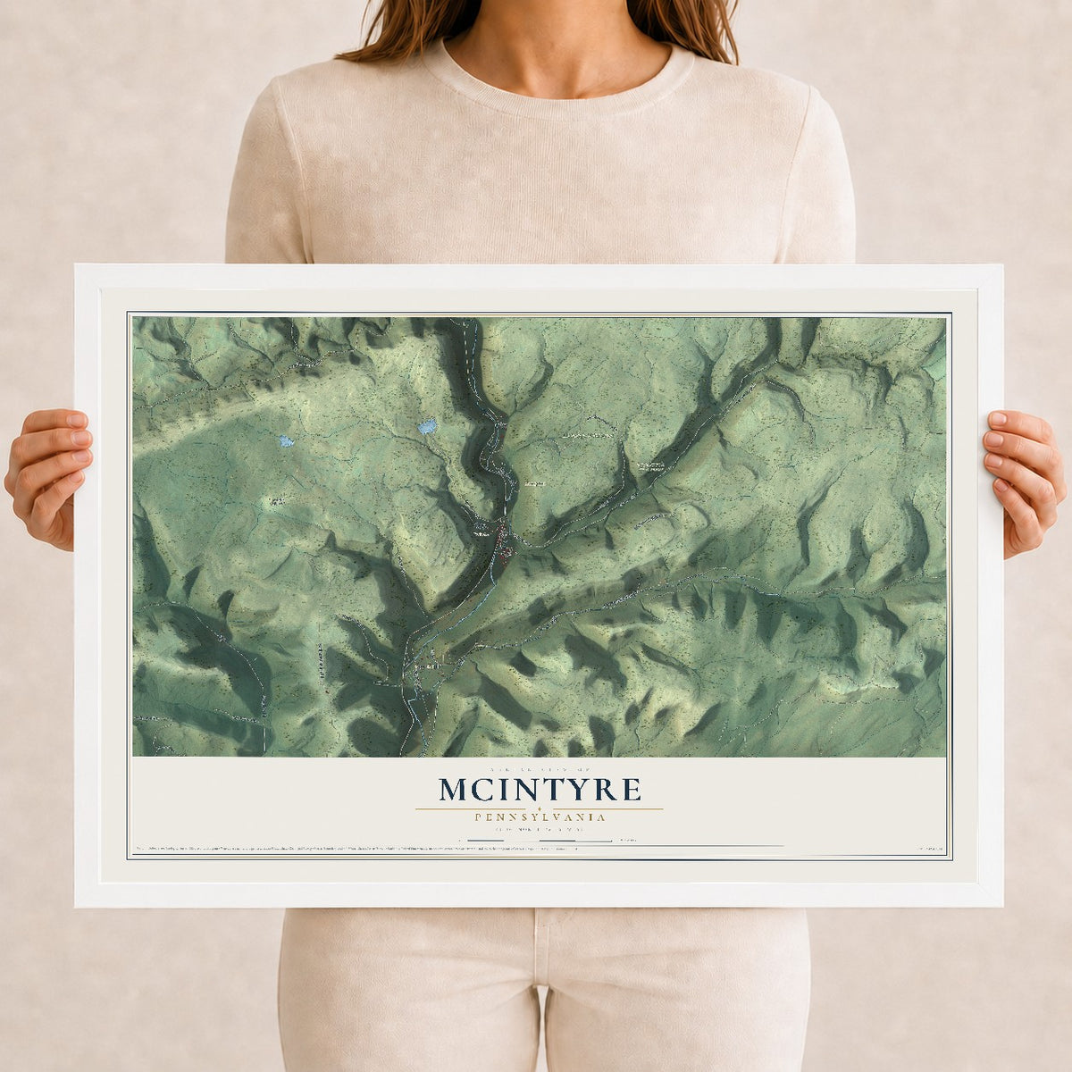 Map of McIntyre, Pennsylvania, 12 x 18 inch print in a white wood frame