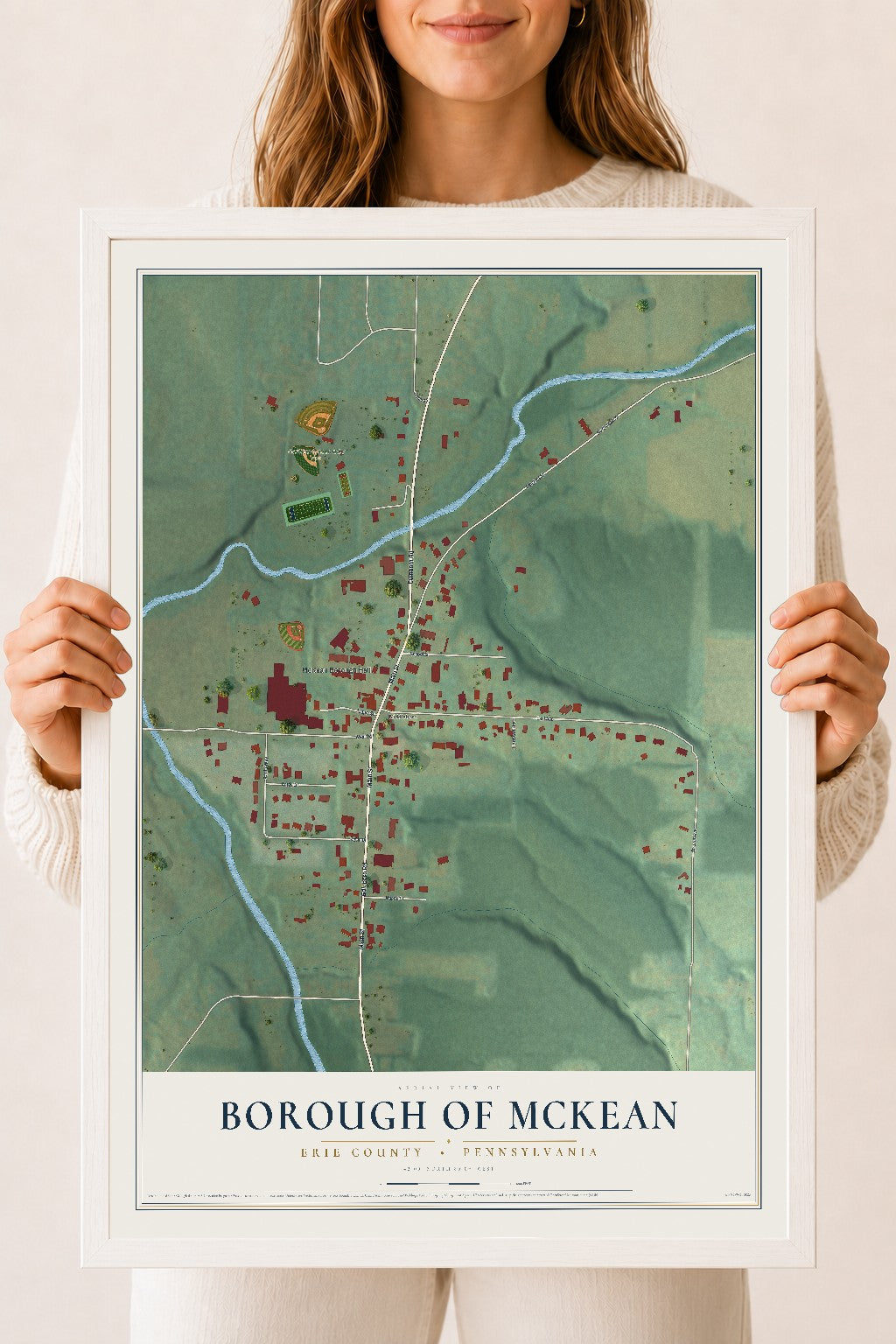 Map of the Borough of McKean, Erie County, Pennsylvania, 18 x 24 inch print in a white wood frame