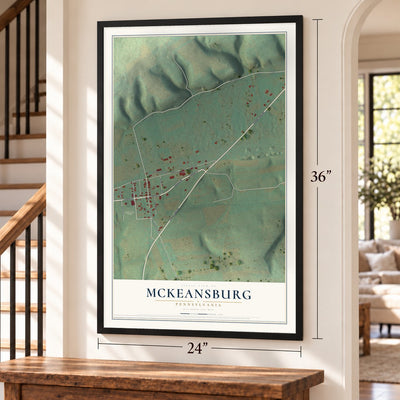 McKeansburg, Pennsylvania map, 24 x 36 inch print in a black frame by a staircase