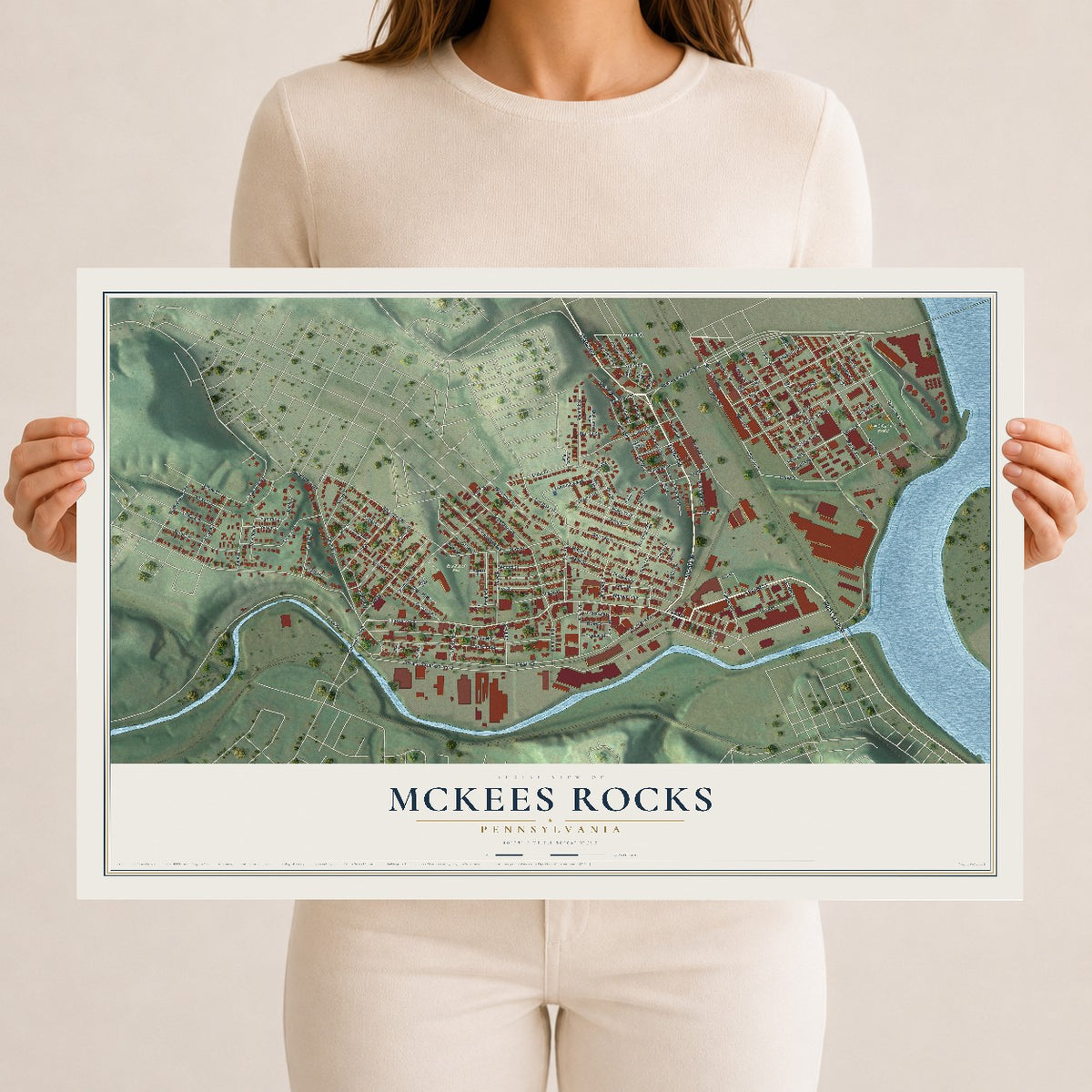 Map of McKees Rocks, Pennsylvania, 12 x 18 inch unframed archival matte print
