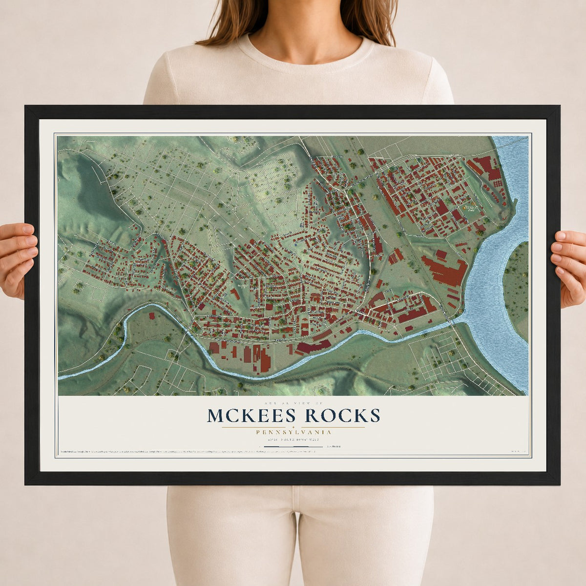 Map of McKees Rocks, Pennsylvania, 18 x 24 inch print in a black wood frame