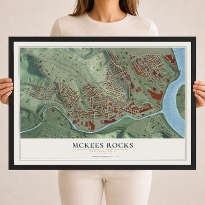 Map of McKees Rocks, Pennsylvania, 18 x 24 inch print in a black wood frame