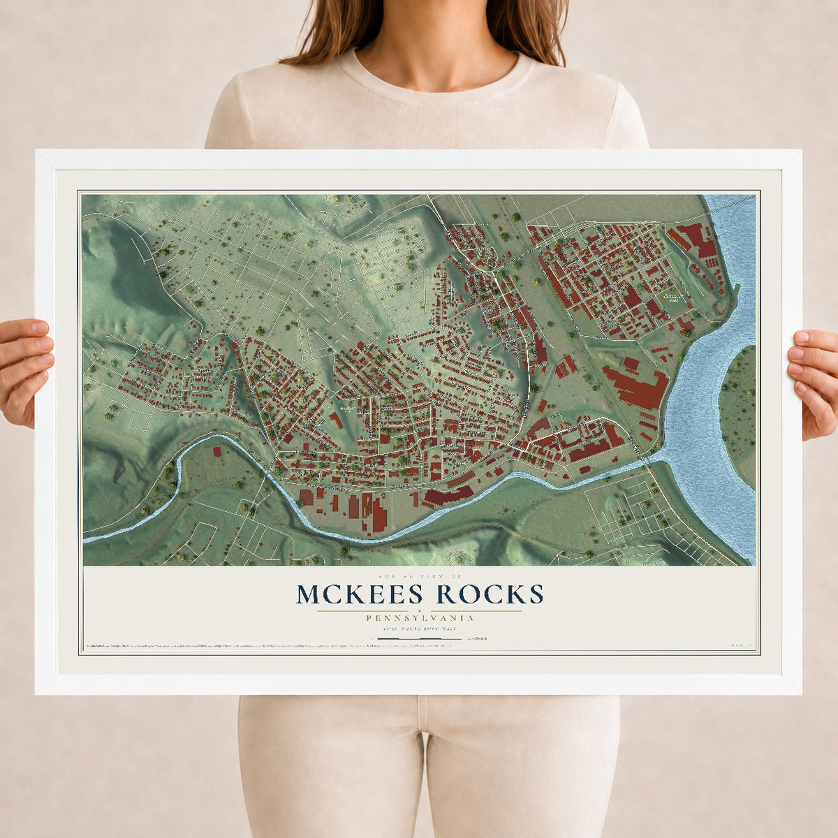Map of McKees Rocks, Pennsylvania, 18 x 24 inch print in a white wood frame