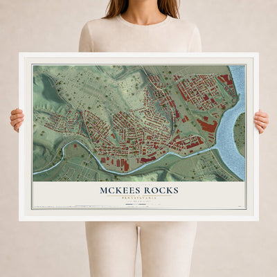 Map of McKees Rocks, Pennsylvania, 24 x 36 inch print in a white wood frame