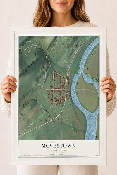 Map of McVeytown, Pennsylvania, 18 x 24 inch print in a white wood frame