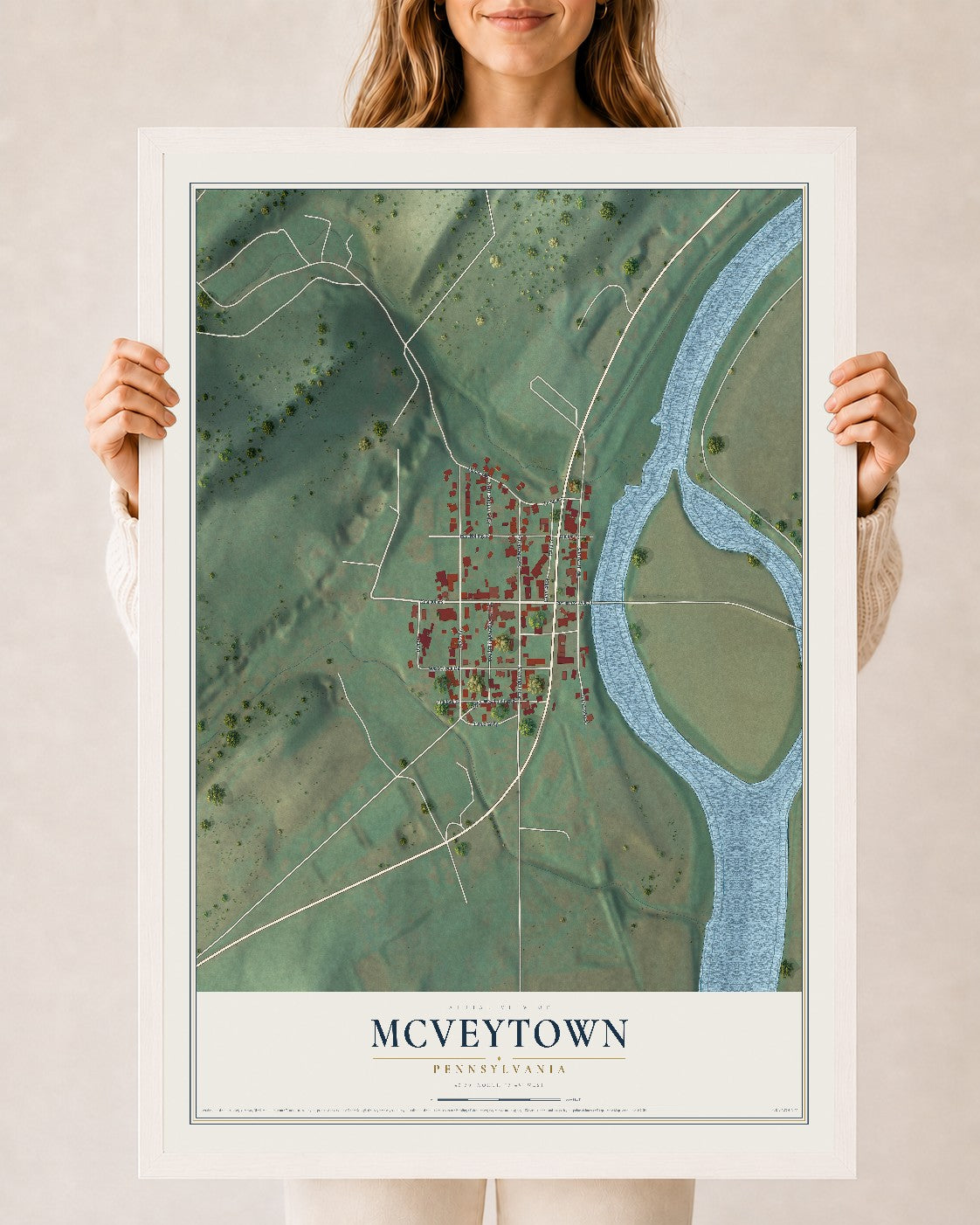 Map of McVeytown, Pennsylvania, 24 x 36 inch print in a white wood frame