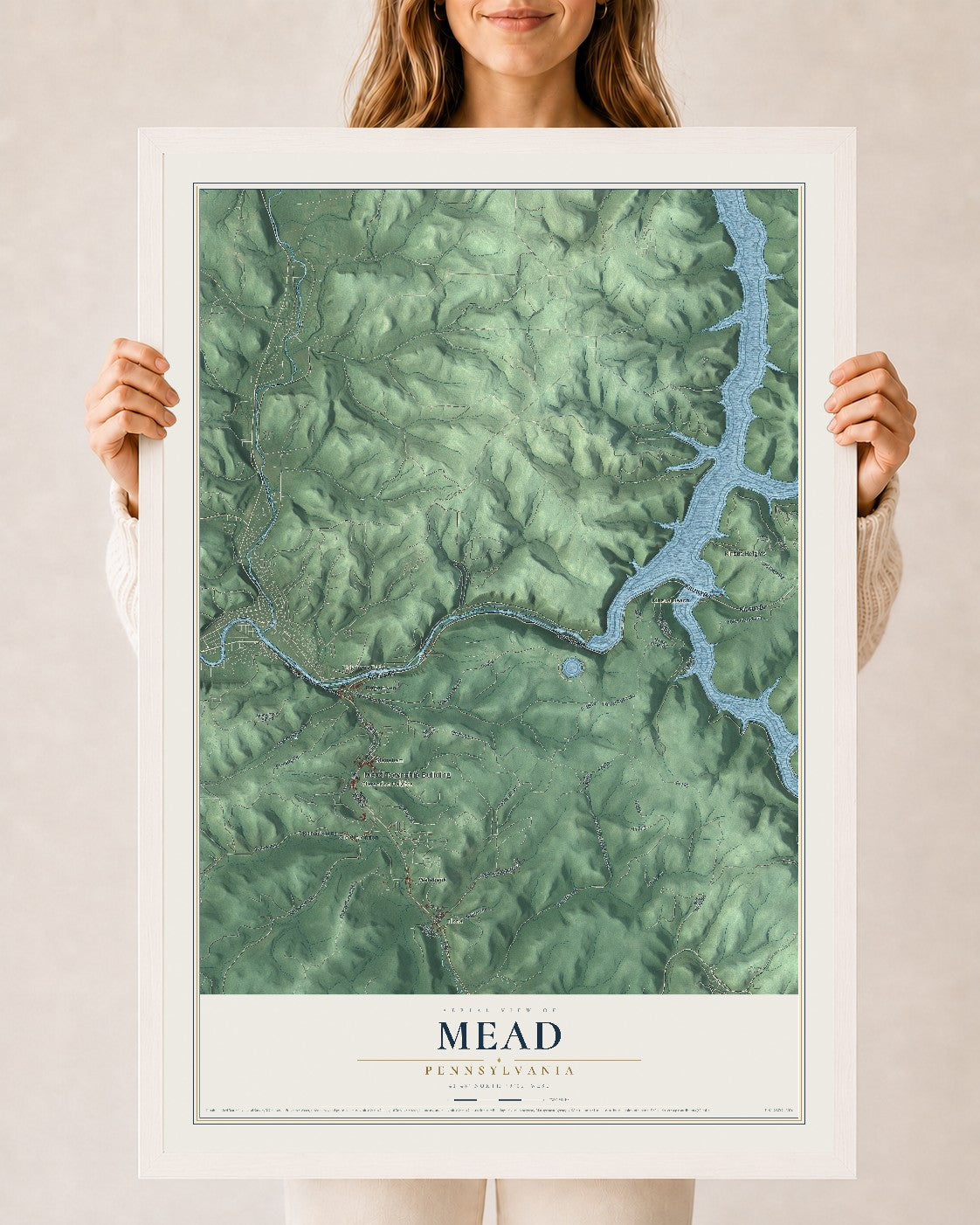 Map of Mead, Pennsylvania, 24 x 36 inch print in a white wood frame