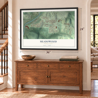 Meadowood, Pennsylvania map, 24 x 36 inch print in a black frame above a dresser by a staircase