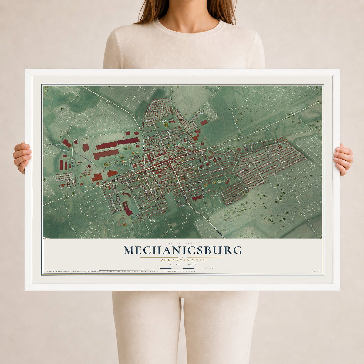 Map of Mechanicsburg, Pennsylvania, 24 x 36 inch print in a white wood frame