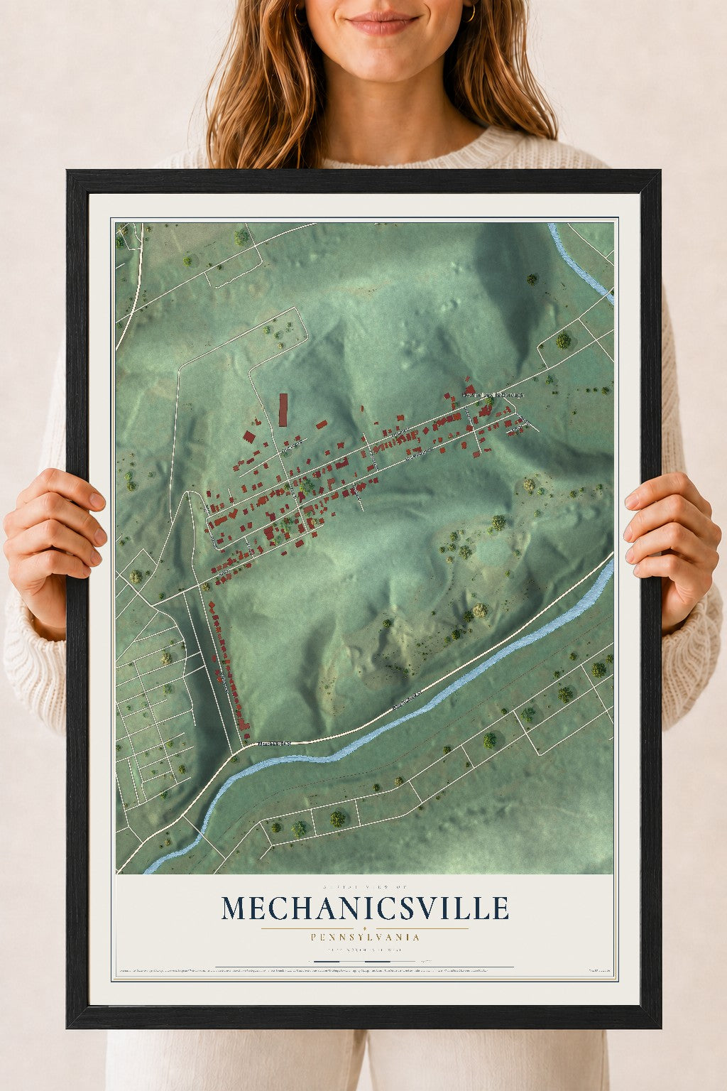 Map of Mechanicsville, Pennsylvania, 18 x 24 inch print in a black wood frame