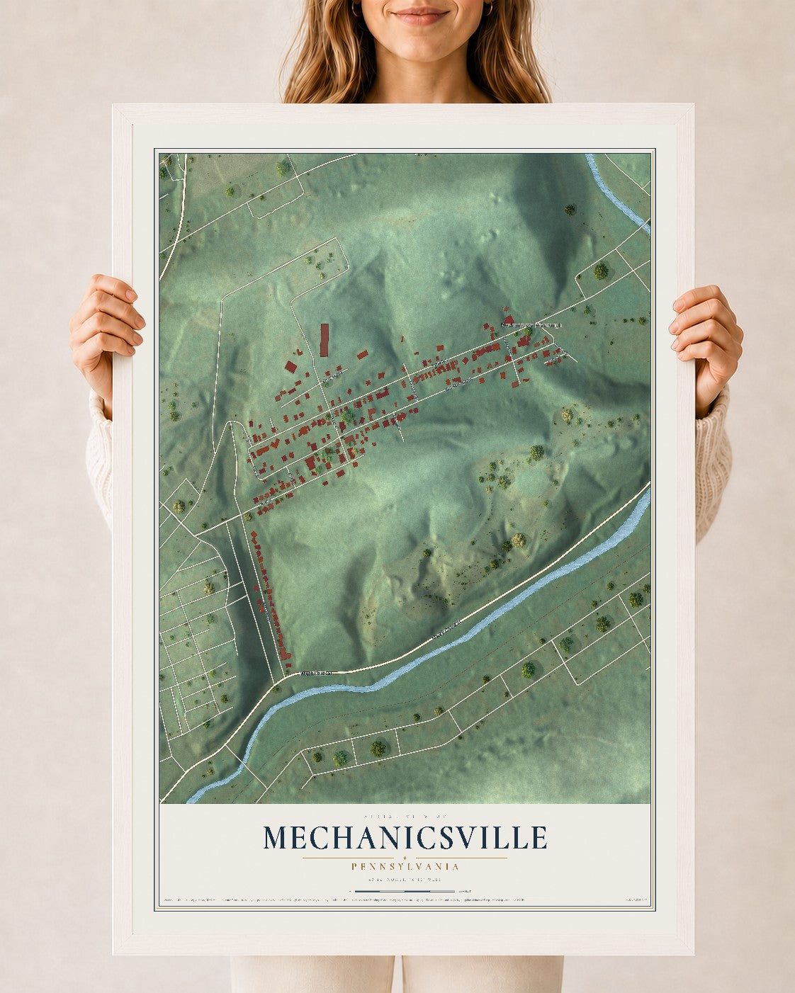 Map of Mechanicsville, Pennsylvania, 24 x 36 inch print in a white wood frame