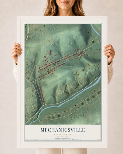 Map of Mechanicsville, Pennsylvania, 24 x 36 inch print in a white wood frame