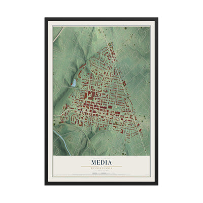 Map of Media, Pennsylvania, 12 x 18 inch print in a black wood frame