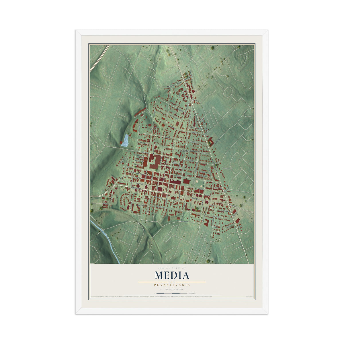 Map of Media, Pennsylvania, 12 x 18 inch print in a white wood frame