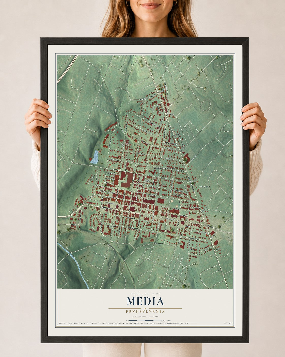 Map of Media, Pennsylvania, 24 x 36 inch print in a black wood frame