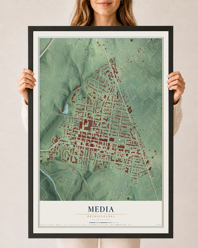Map of Media, Pennsylvania, 24 x 36 inch print in a black wood frame