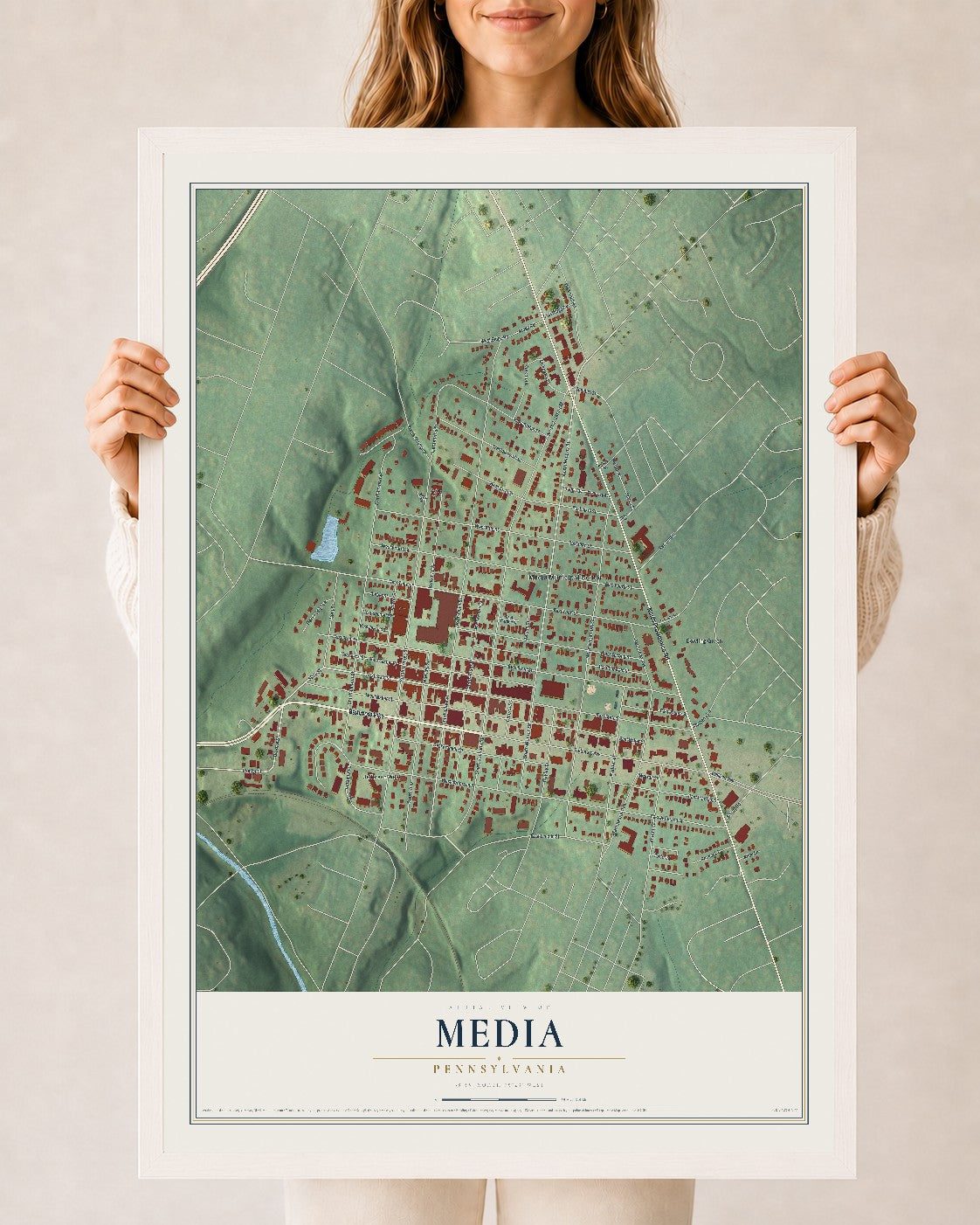 Map of Media, Pennsylvania, 24 x 36 inch print in a white wood frame