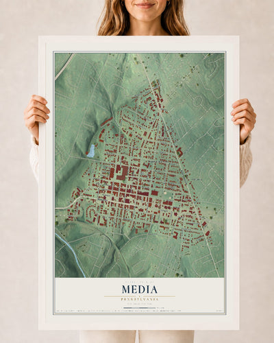 Map of Media, Pennsylvania, 24 x 36 inch print in a white wood frame