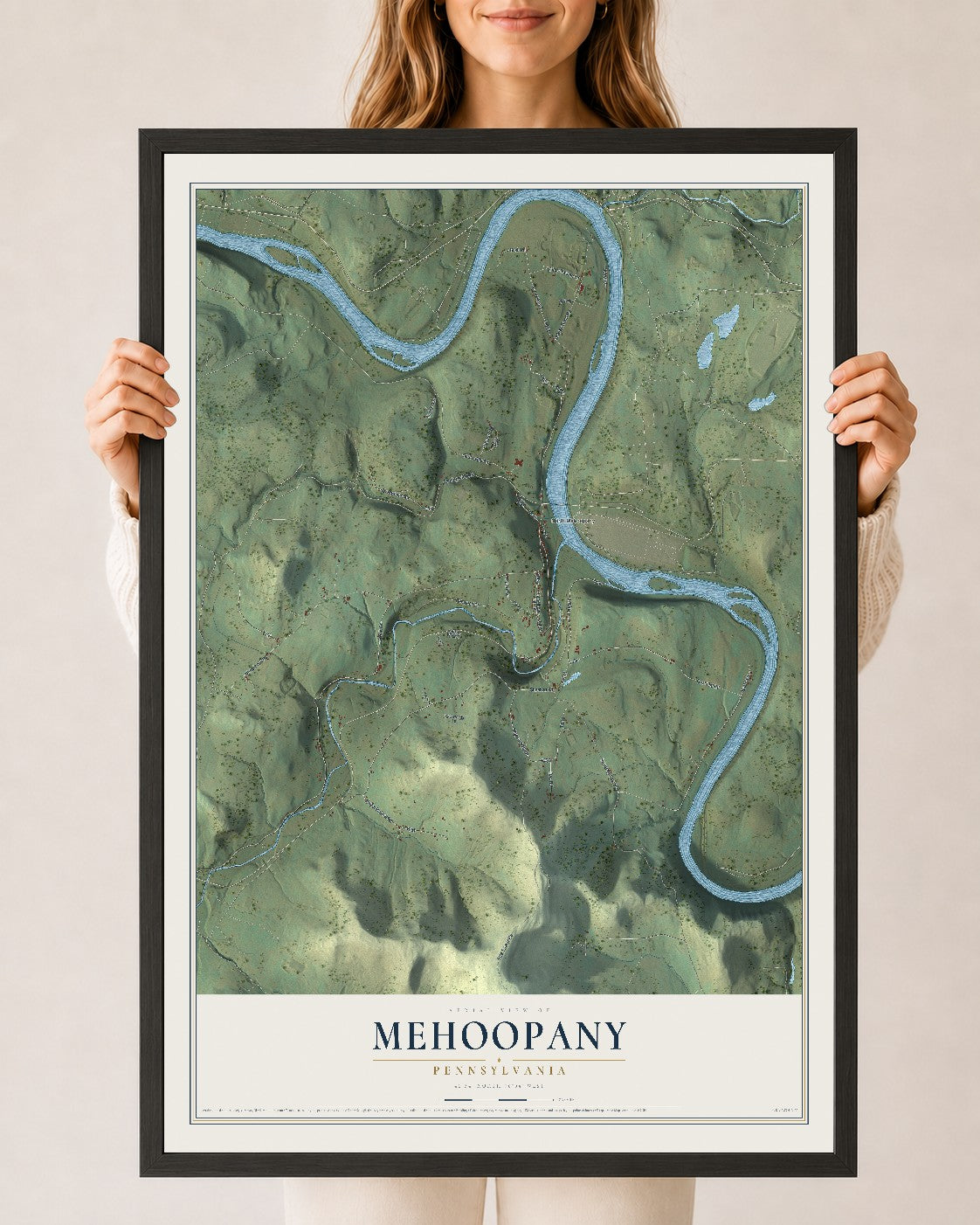 Map of Mehoopany, Pennsylvania, 24 x 36 inch print in a black wood frame