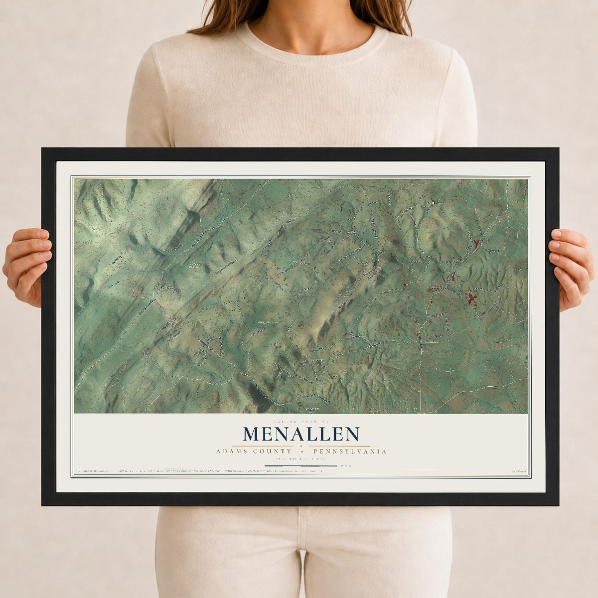 Map of Menallen, Adams County, Pennsylvania, 12 x 18 inch print in a black wood frame