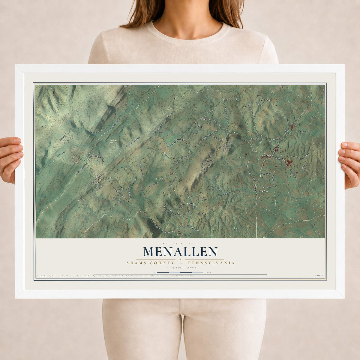 Map of Menallen, Adams County, Pennsylvania, 18 x 24 inch print in a white wood frame
