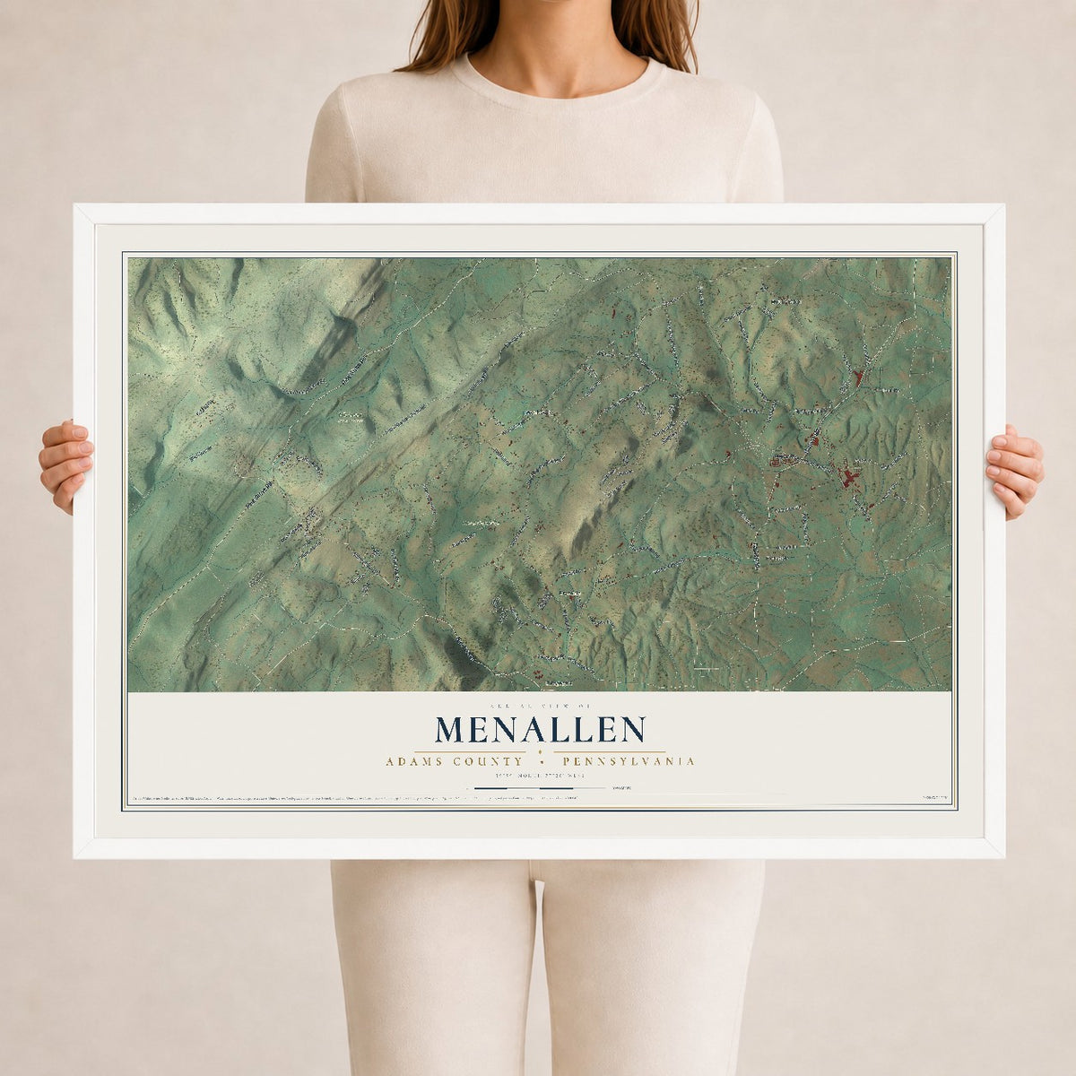 Map of Menallen, Adams County, Pennsylvania, 24 x 36 inch print in a white wood frame