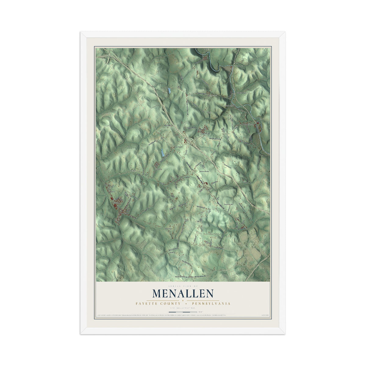 Map of Menallen, Fayette County, Pennsylvania, 12 x 18 inch print in a white wood frame
