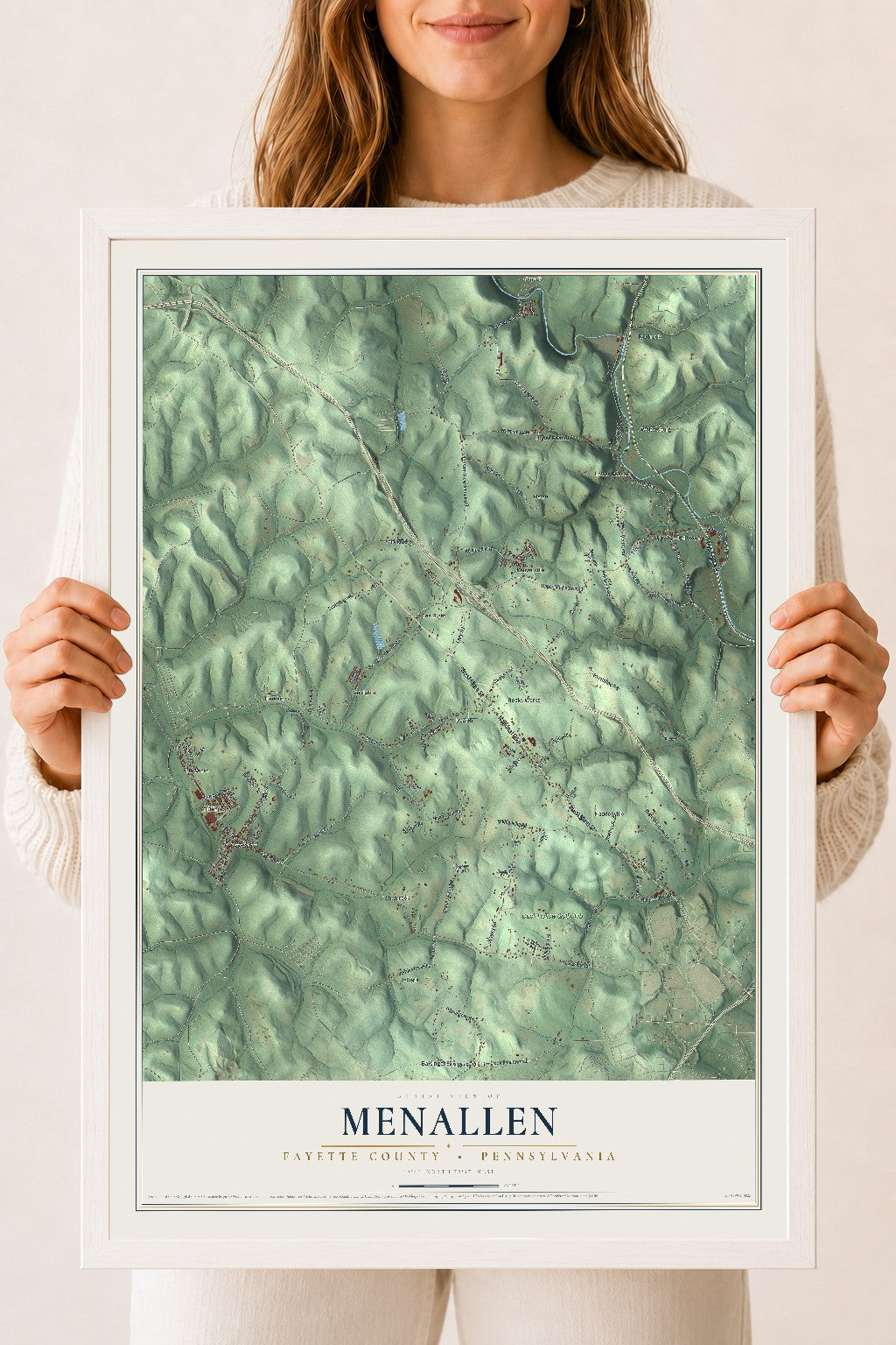 Map of Menallen, Fayette County, Pennsylvania, 18 x 24 inch print in a white wood frame