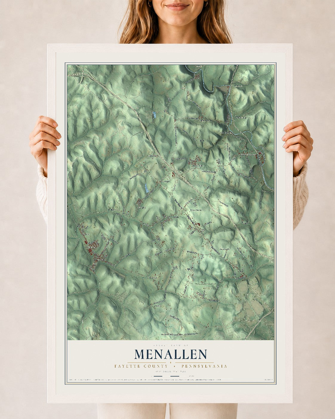 Map of Menallen, Fayette County, Pennsylvania, 24 x 36 inch print in a white wood frame