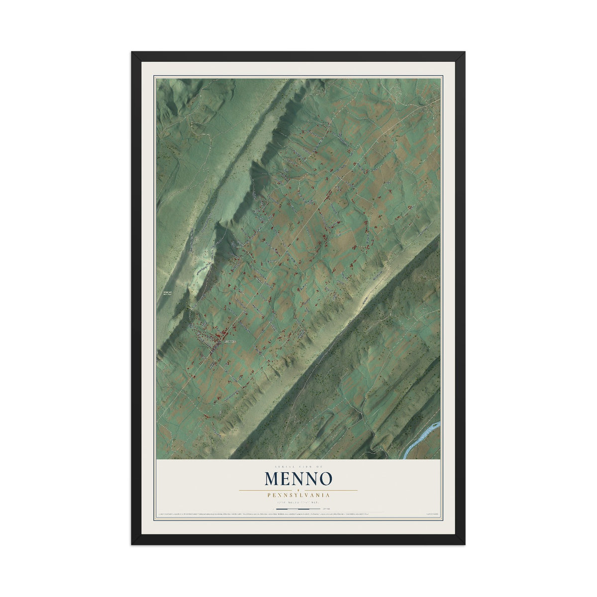 Map of Menno, Pennsylvania, 12 x 18 inch print in a black wood frame