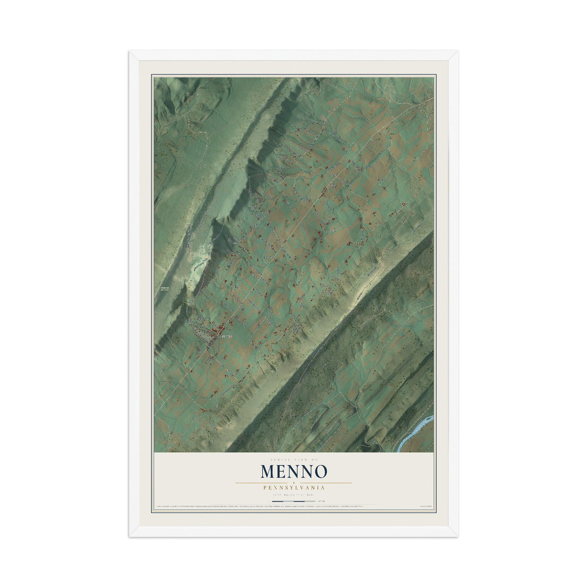Map of Menno, Pennsylvania, 12 x 18 inch print in a white wood frame