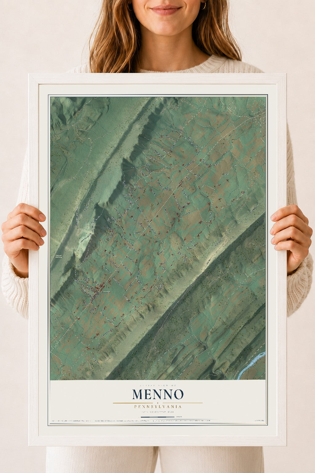 Map of Menno, Pennsylvania, 18 x 24 inch print in a white wood frame