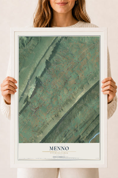 Map of Menno, Pennsylvania, 18 x 24 inch print in a white wood frame