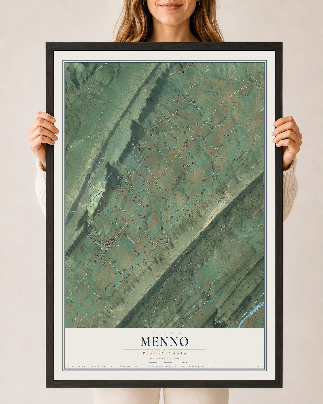 Map of Menno, Pennsylvania, 24 x 36 inch print in a black wood frame