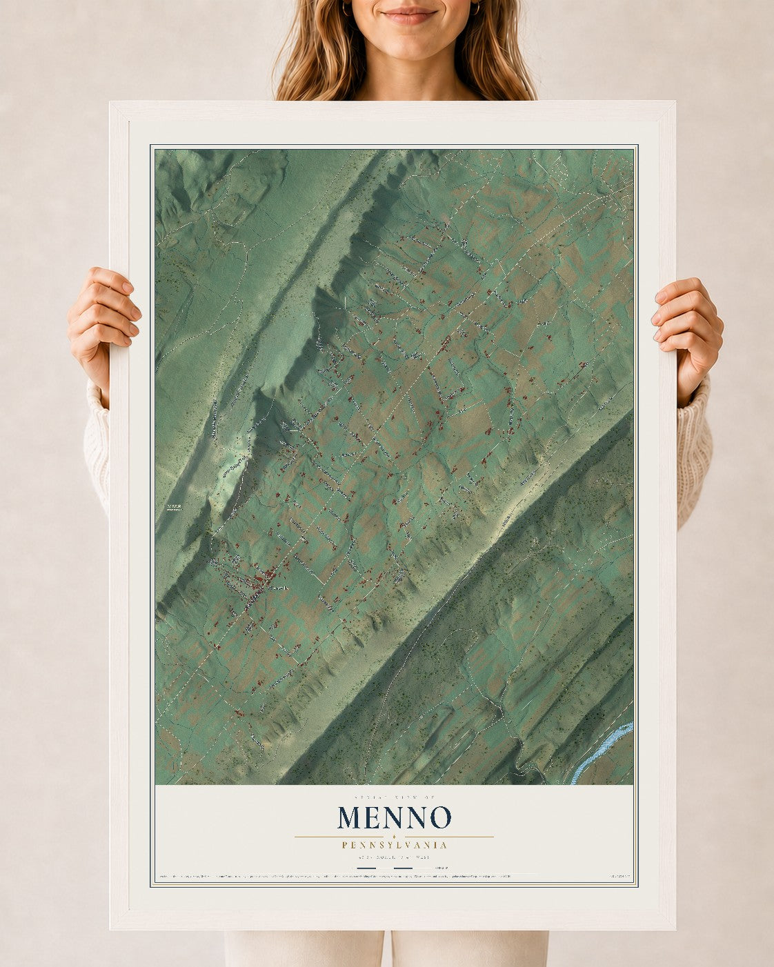 Map of Menno, Pennsylvania, 24 x 36 inch print in a white wood frame