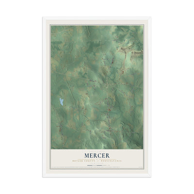 Map of Mercer, Butler County, Pennsylvania, 12 x 18 inch print in a white wood frame