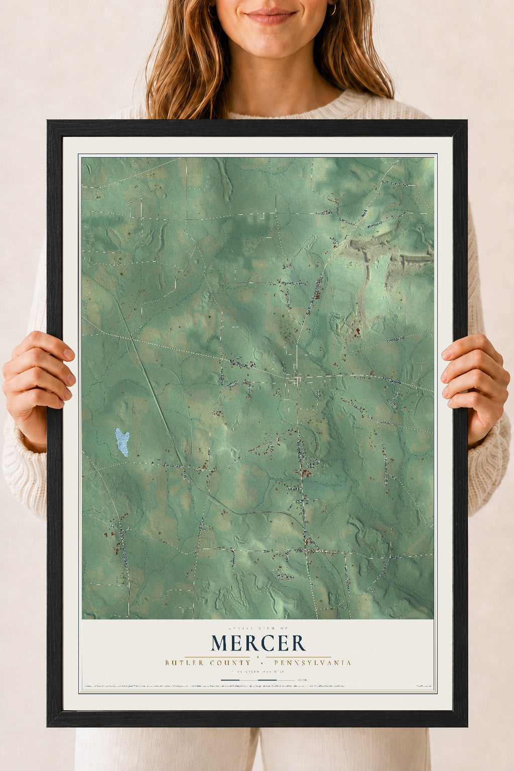Map of Mercer, Butler County, Pennsylvania, 18 x 24 inch print in a black wood frame