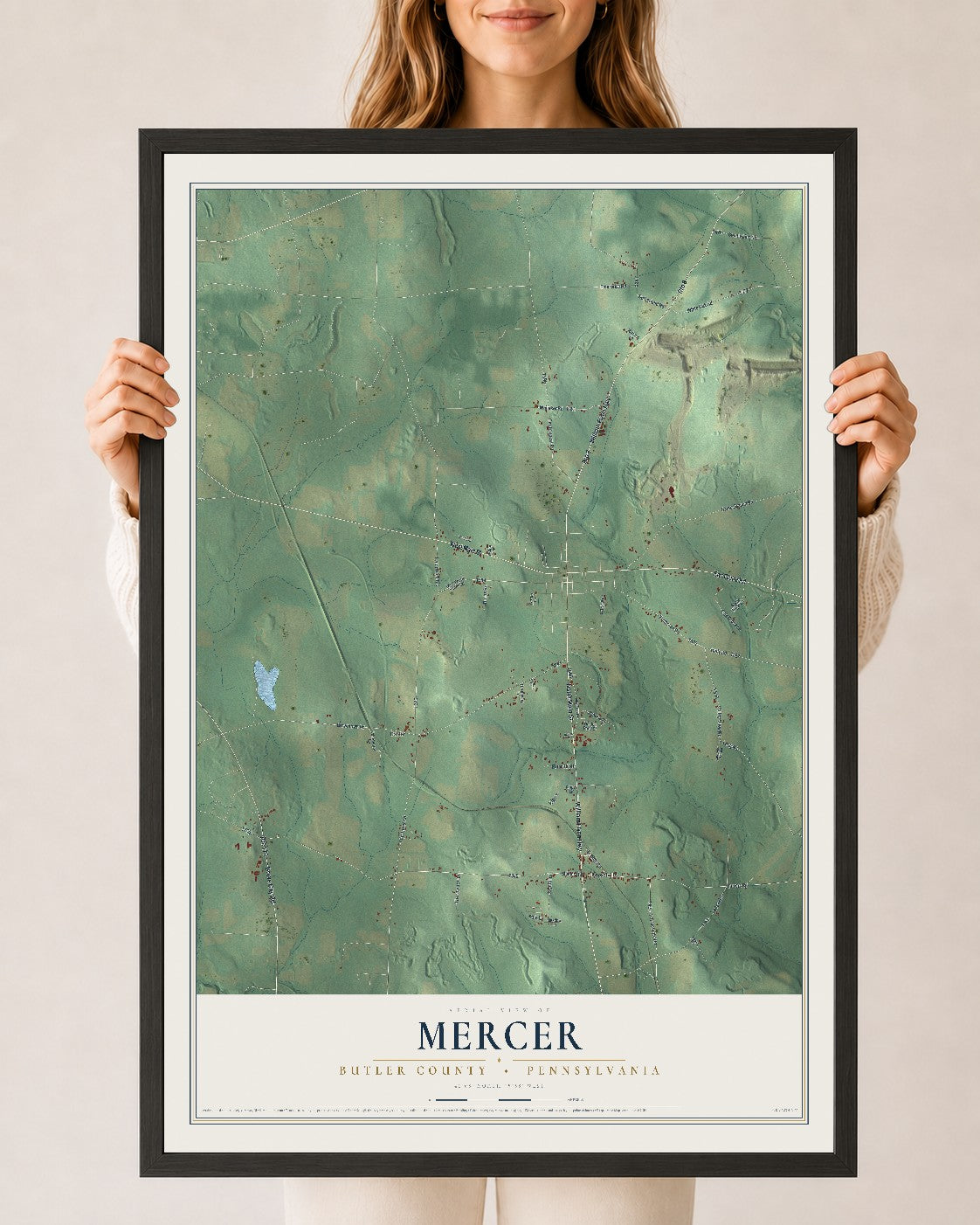 Map of Mercer, Butler County, Pennsylvania, 24 x 36 inch print in a black wood frame