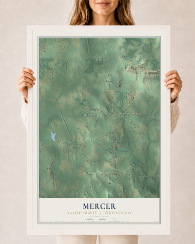 Map of Mercer, Butler County, Pennsylvania, 24 x 36 inch print in a white wood frame
