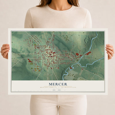 Map of Mercer, Mercer County, Pennsylvania, 12 x 18 inch unframed archival matte print