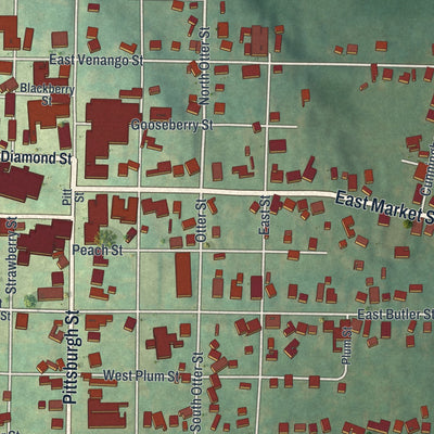 Close-up of the map of Mercer, Mercer County, Pennsylvania print showing street and building detail