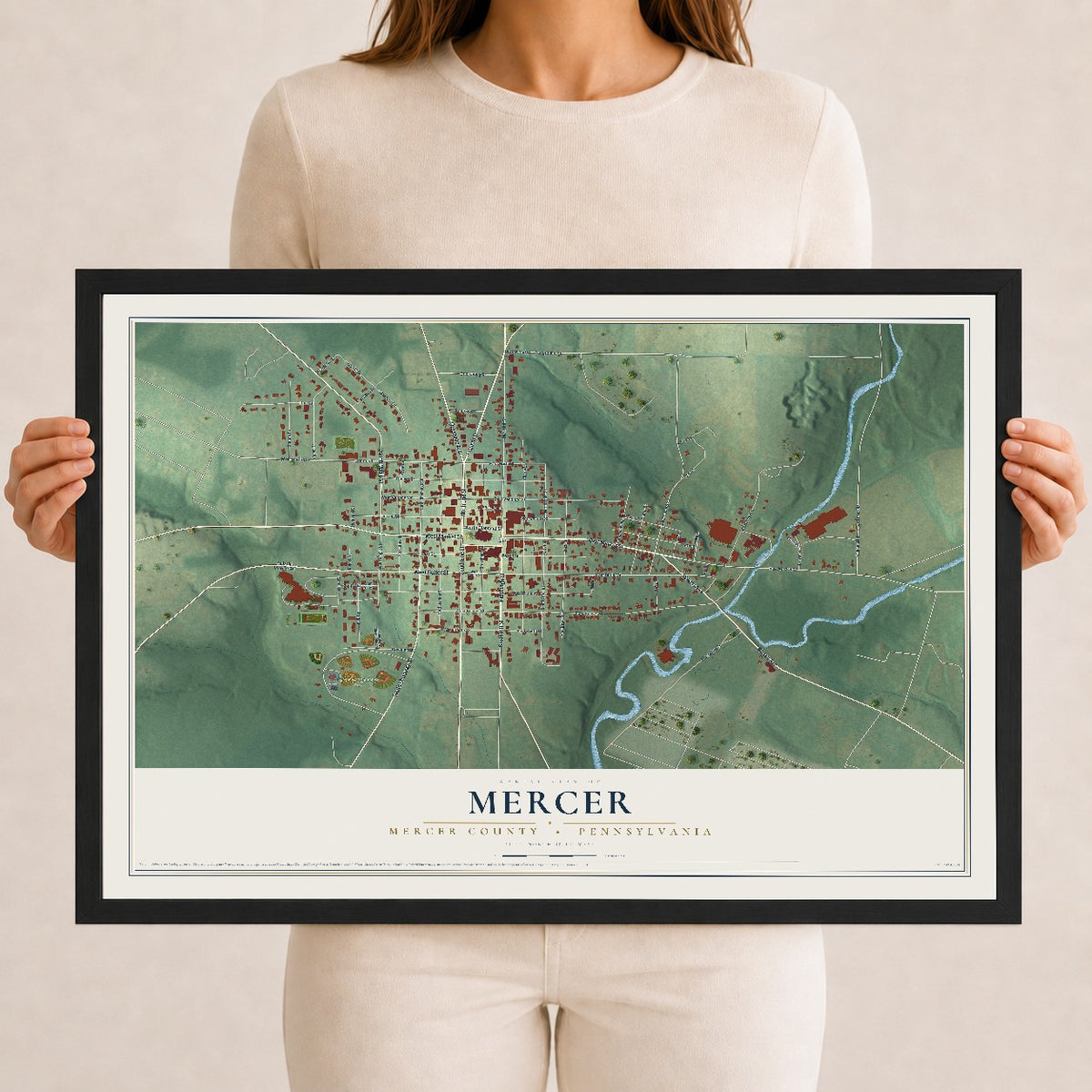 Map of Mercer, Mercer County, Pennsylvania, 12 x 18 inch print in a black wood frame