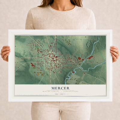 Map of Mercer, Mercer County, Pennsylvania, 12 x 18 inch print in a white wood frame