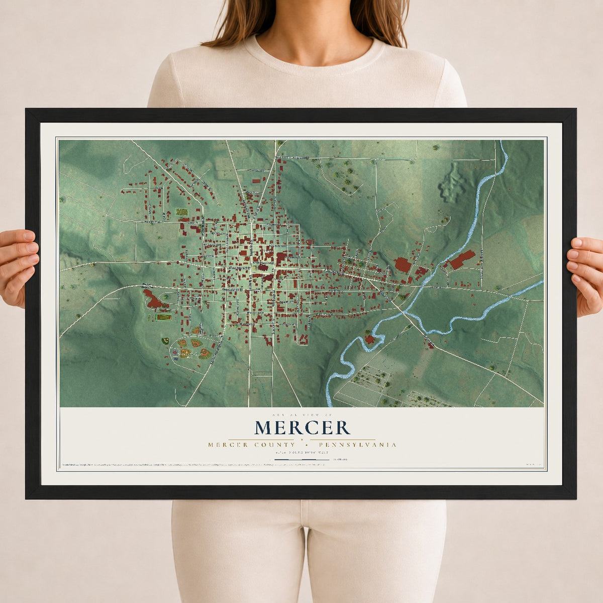 Map of Mercer, Mercer County, Pennsylvania, 18 x 24 inch print in a black wood frame